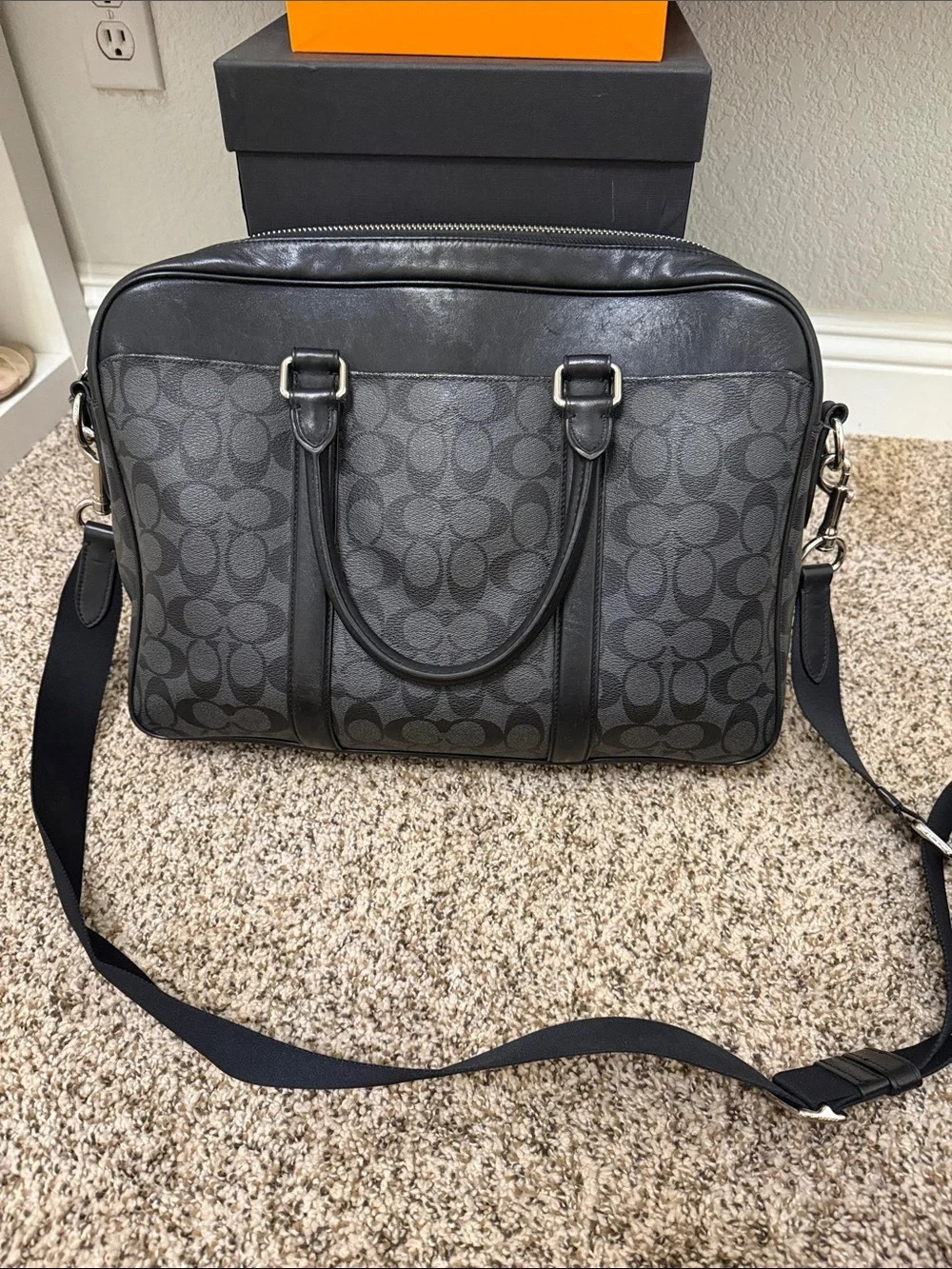 Coach Men's Charcoal/Black Signature Brief with Shoulder Strap